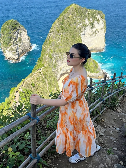 Vibrant Orange and White Abstract Tiered Dress