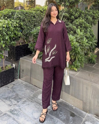 Thread Work Imported Co-Ord Set with Collar Neck and Lace Trim for Office Wear