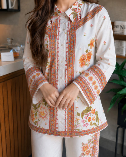 Ivory Floral Chiffon Co-Ord Set with Border Print for Vacation Wear