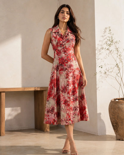 Floral Print Rayon Midi Dress with Collar Neck for Vacation Wear
