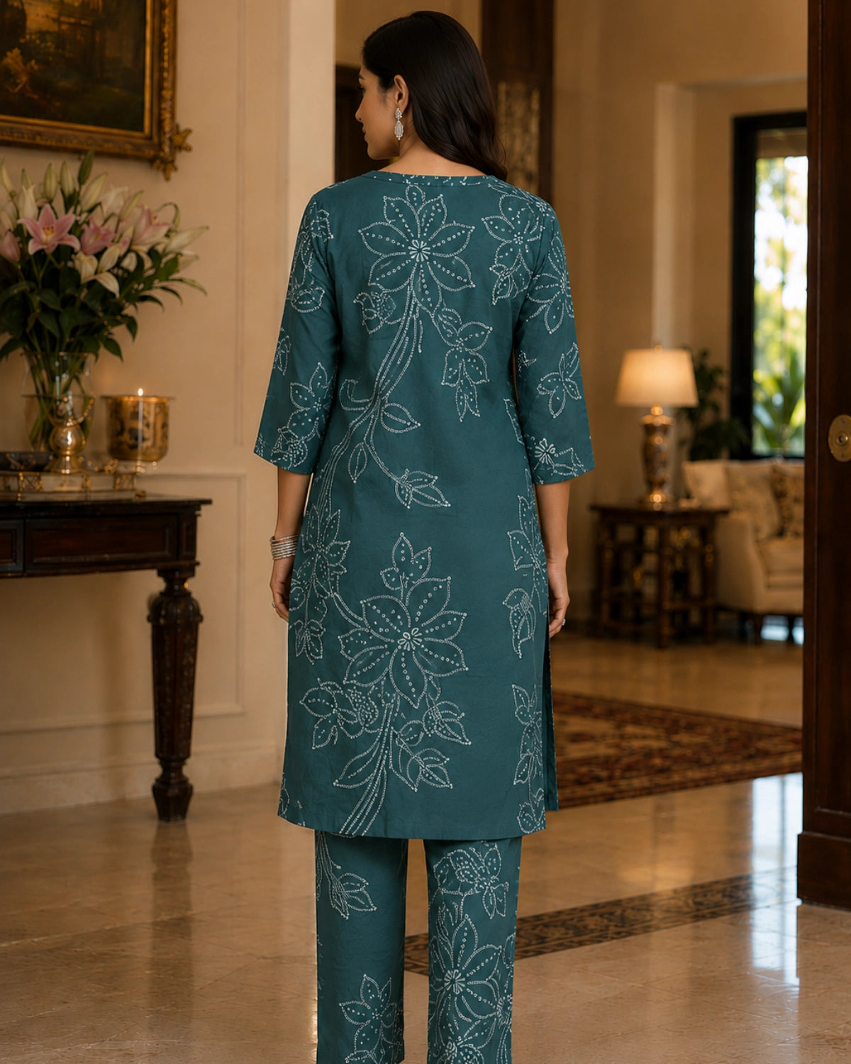 Teal Bandhani Print Rayon Kurta Pant Set for Daily Wear