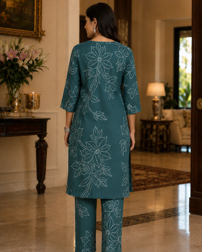 Teal Bandhani Print Rayon Kurta Pant Set for Daily Wear