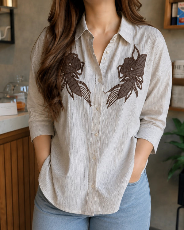 Beige Floral Embroidered Imported Shirt for Vacation and Office Wear — image 3