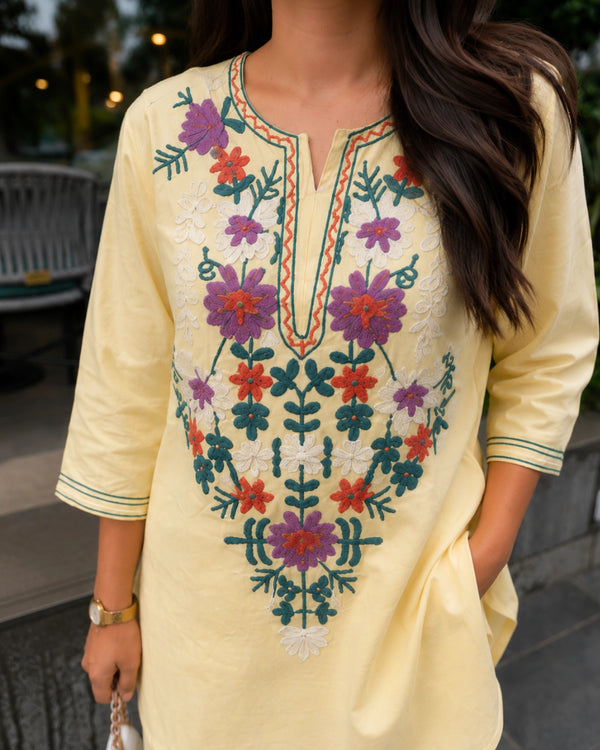 Butter Yellow Floral Embroidered Cotton Co-ord Set for Vacation Wear — image 3