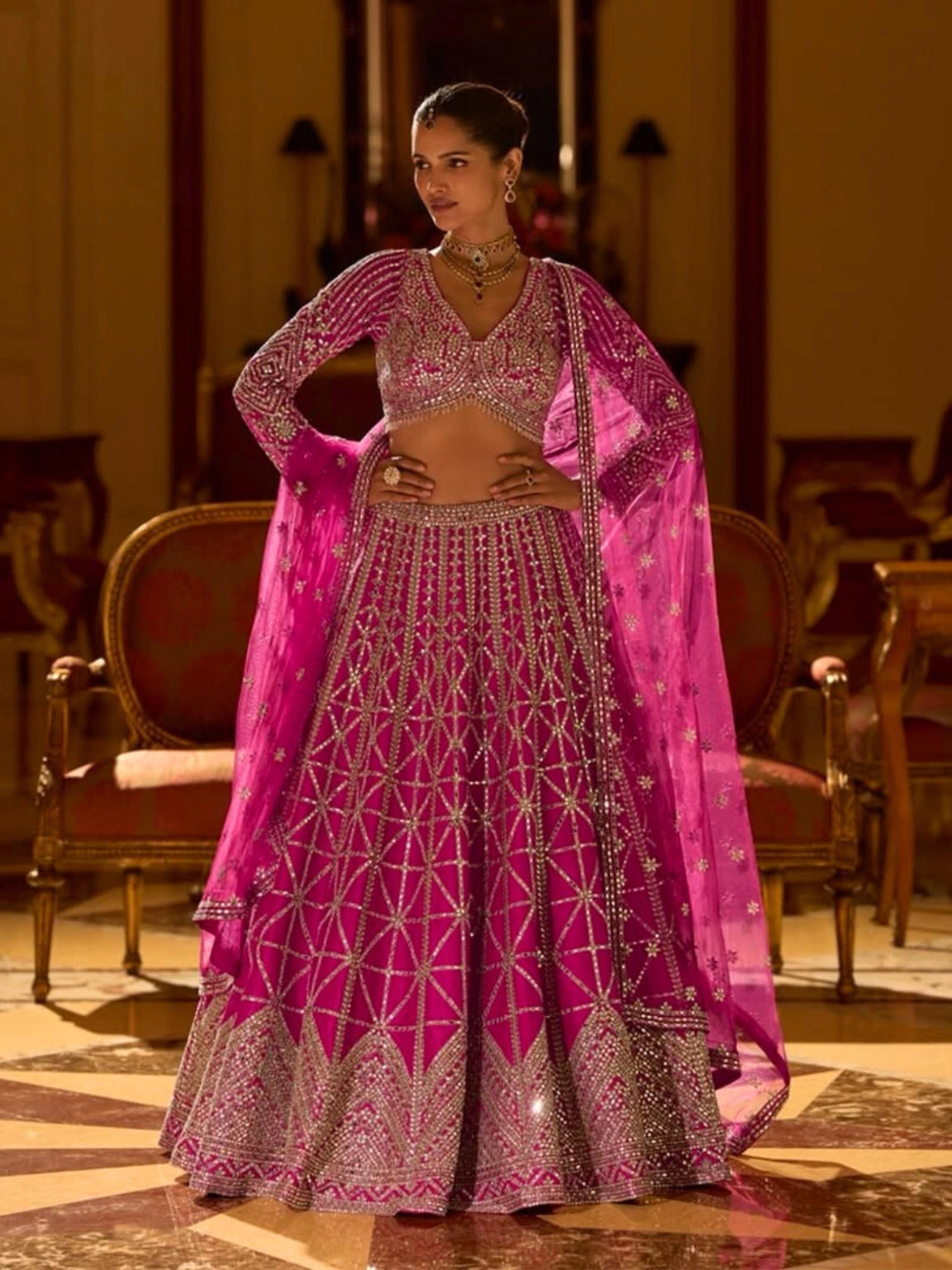 Rani Pink Hand-Embellished Mirror Work Lehenga Set