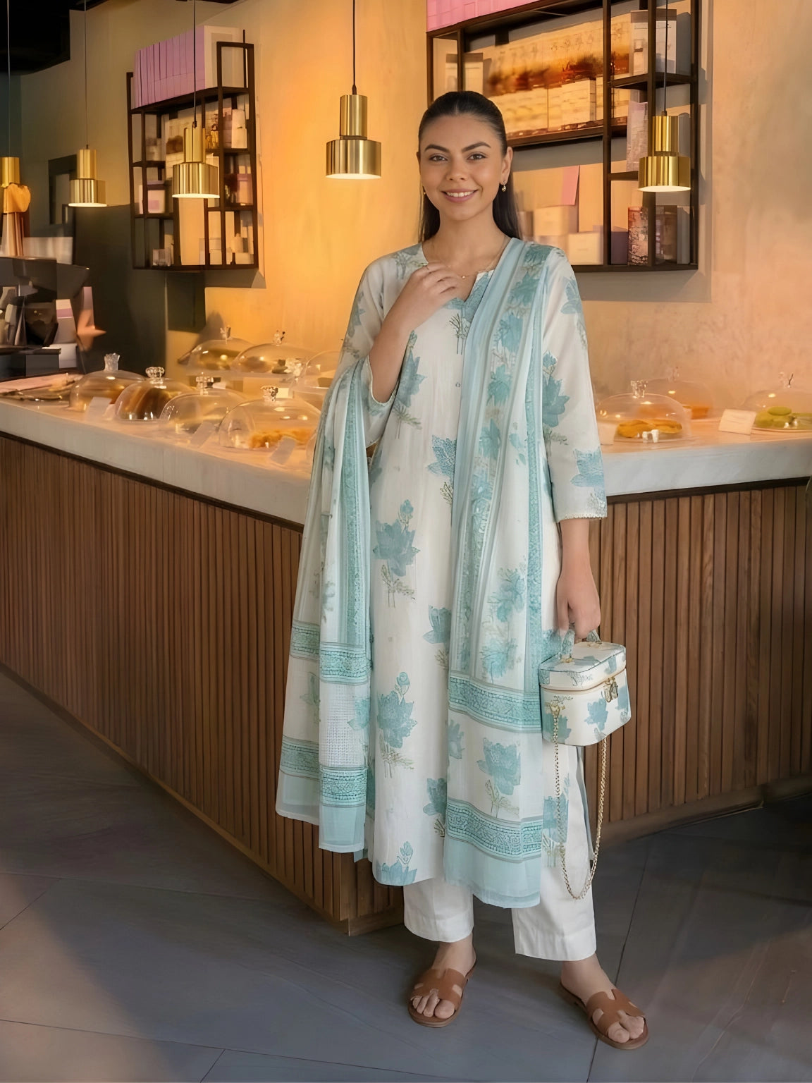 Seafoam Blue Floral Printed Kurta Set