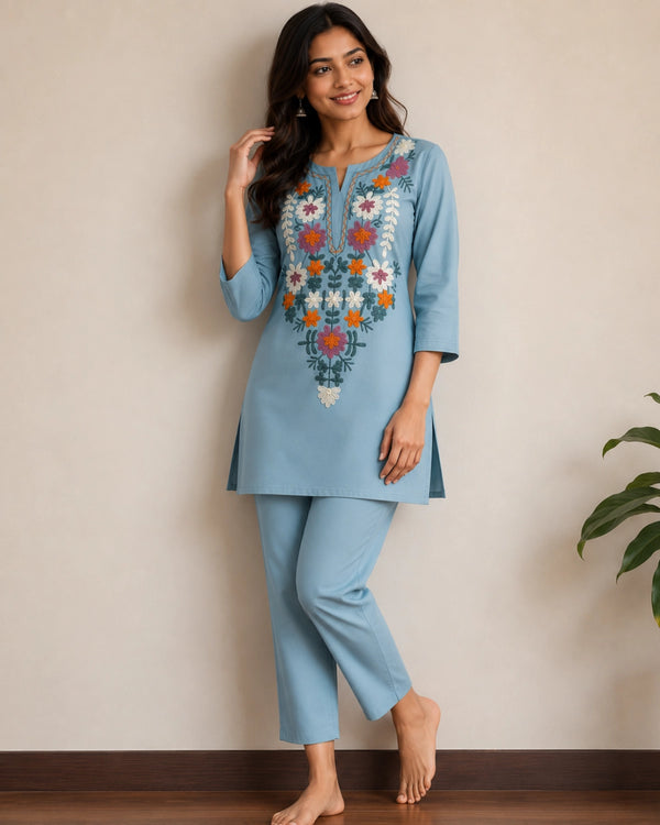 Thread Work Round Neck Rayon Co-ord Set — image 3