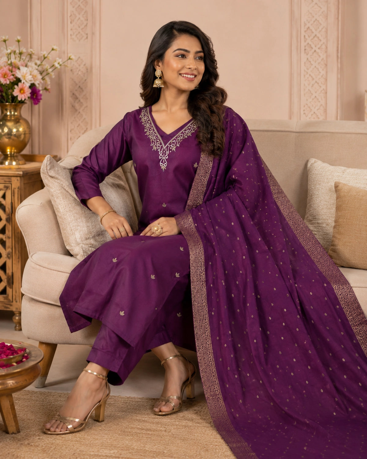 Wine Purple Thread Work Roman Silk Kurta Set for Festive Wear