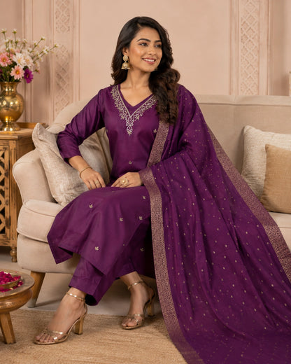 Wine Purple Thread Work Roman Silk Kurta Set for Festive Wear