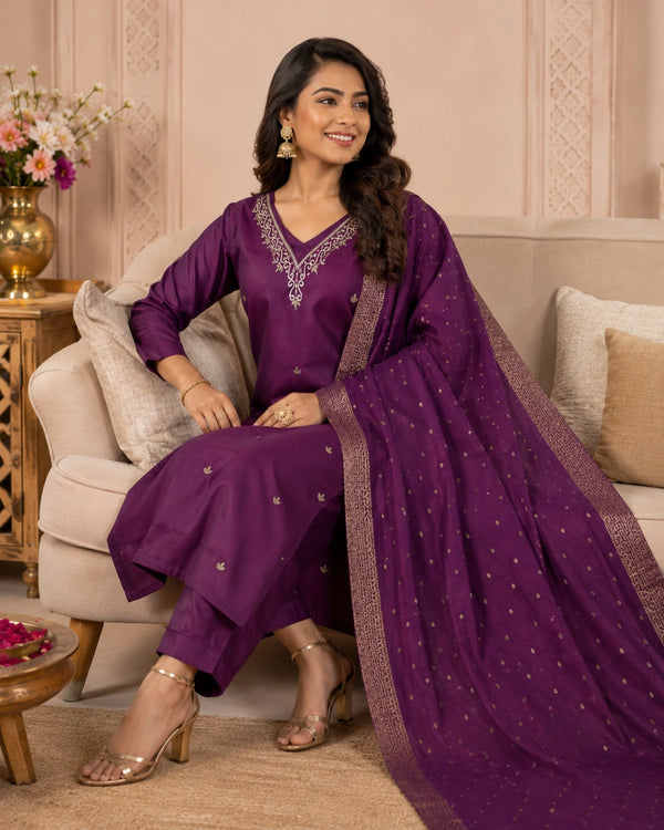 Wine Purple Thread Work Roman Silk Kurta Set for Festive Wear — image 2