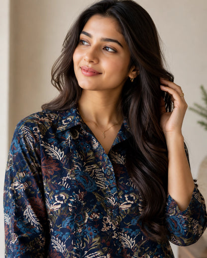 Navy Floral Print Cotton Co-ord Set for Daily Wear