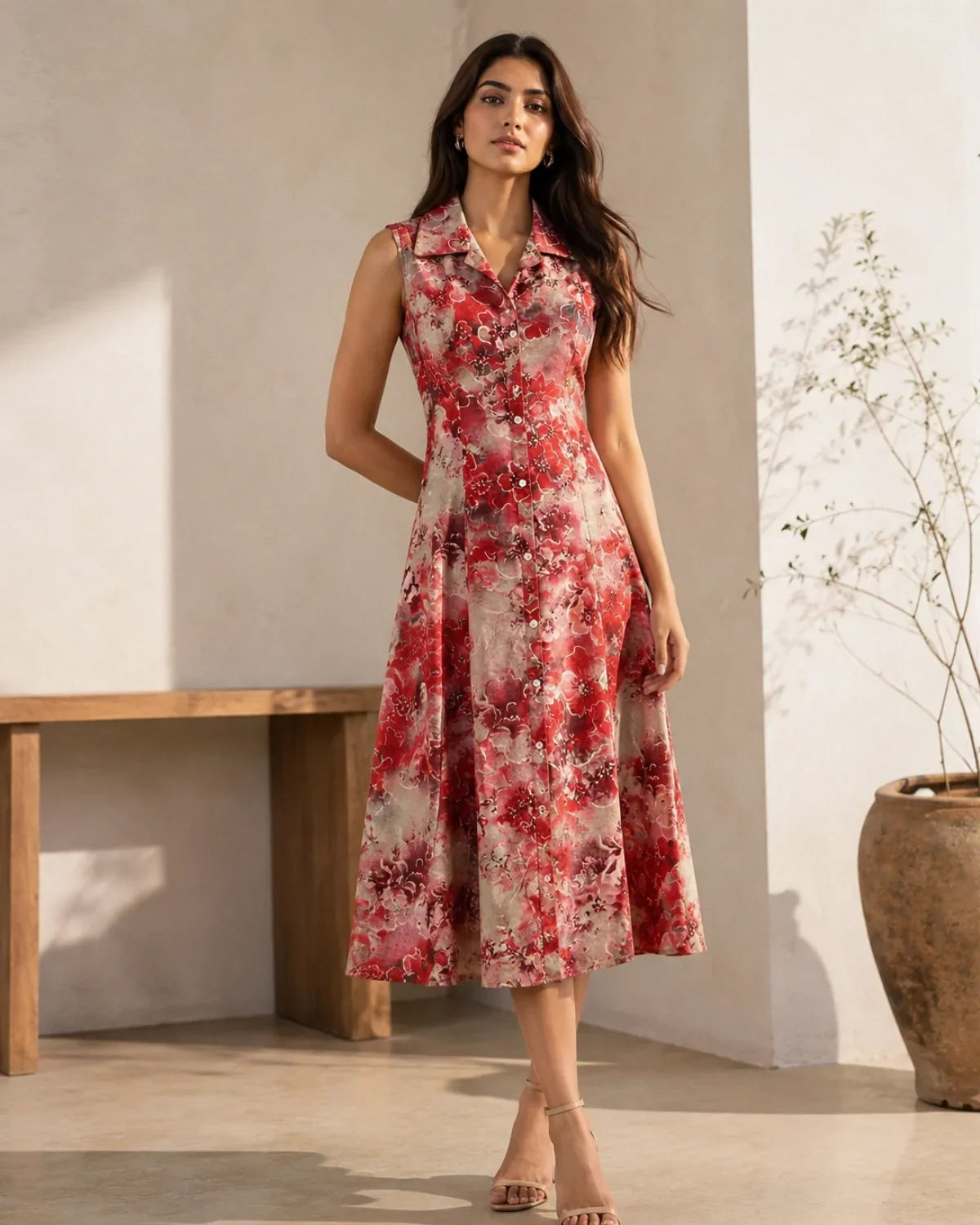 Floral Print Sleeveless Collared Rayon Midi Dress for Vacation