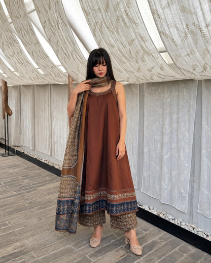 Brown Ajrakh Print Cotton Anarkali Kurta Set with Dupatta for Daily Wear