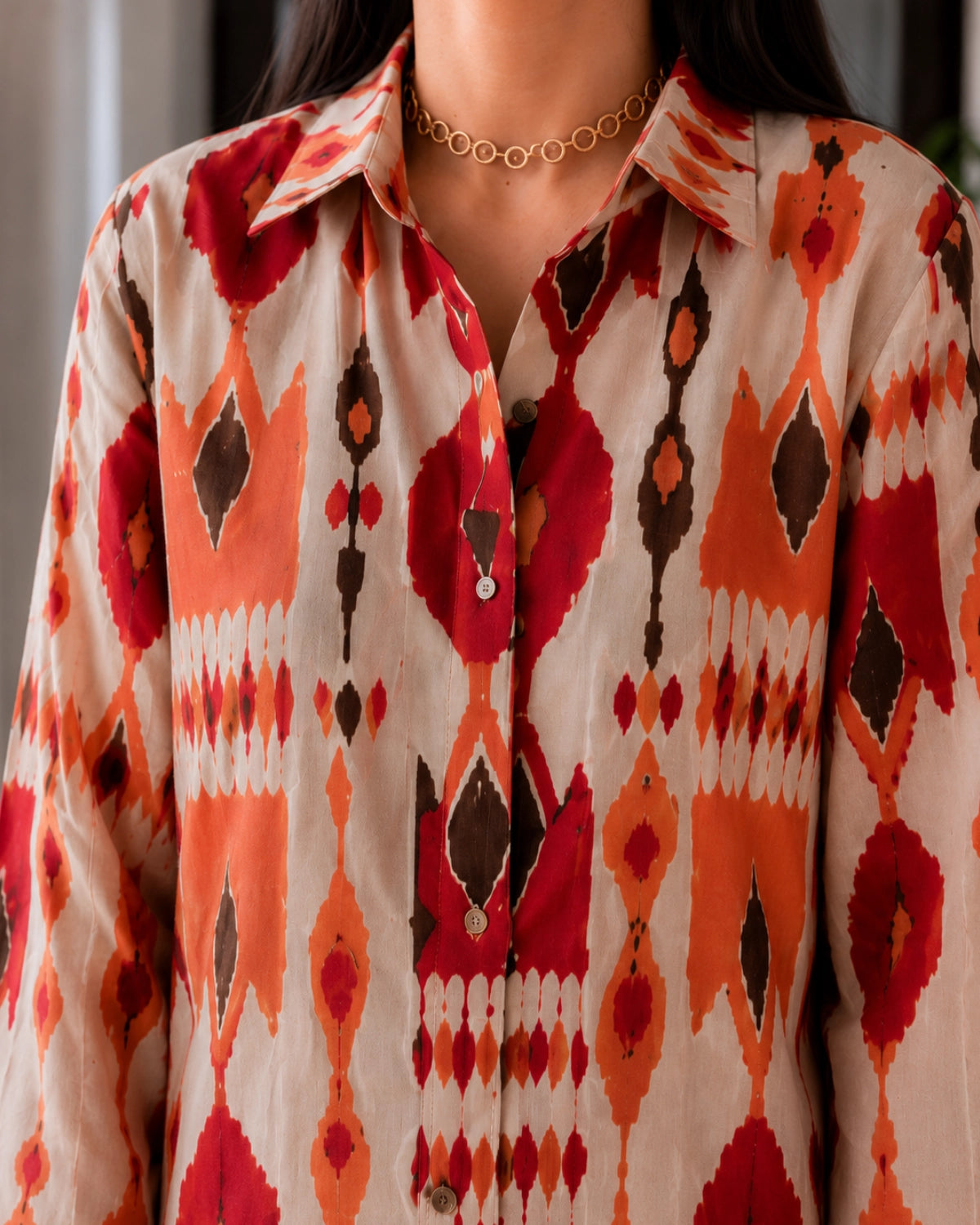 Red Ikat Print Cotton Co-ord Set with Shirt Collar for Office Wear
