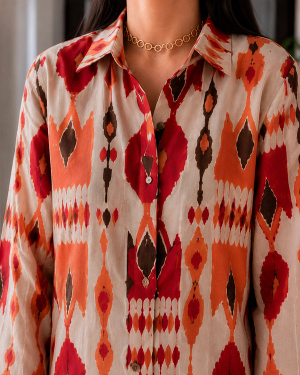 Red Ikat Print Cotton Co-ord Set with Shirt Collar for Office Wear — image 4