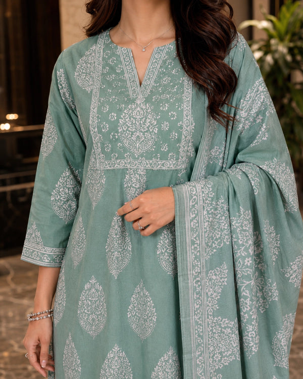 Sage Green Block Print Cotton Unstitched Suit for Daily Wear — image 3