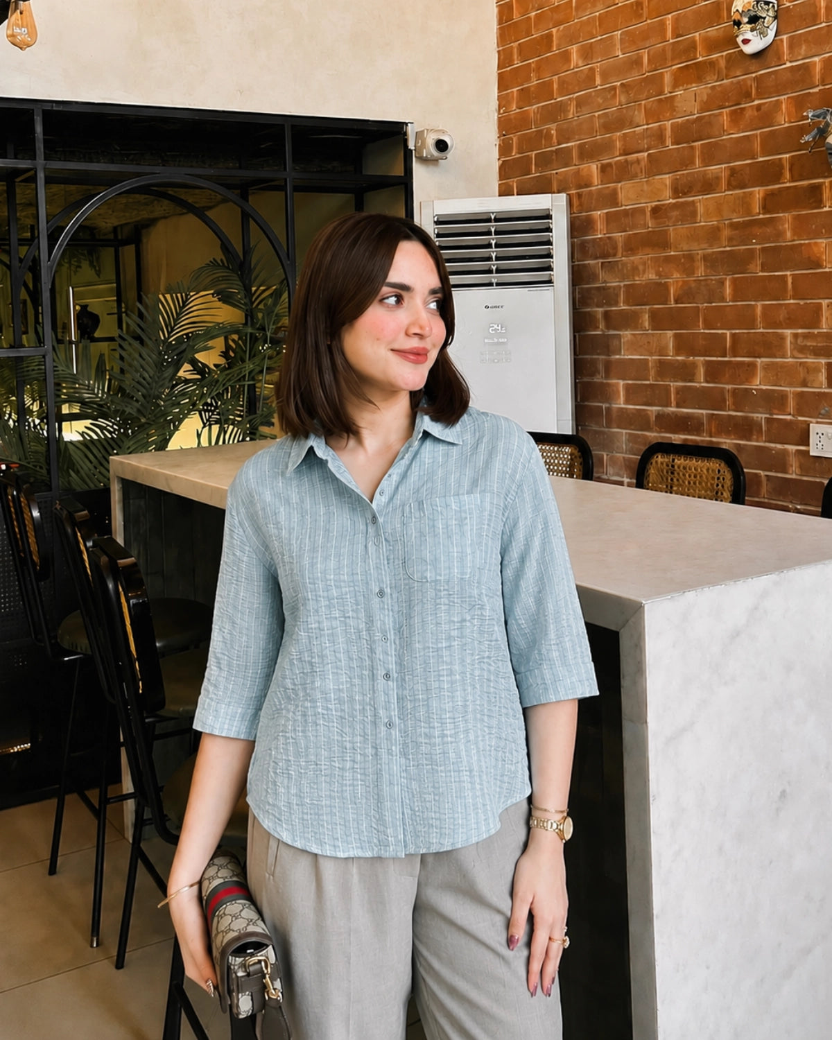 Striped Imported Shirt with Collar Neck and Full Sleeves for Office Wear