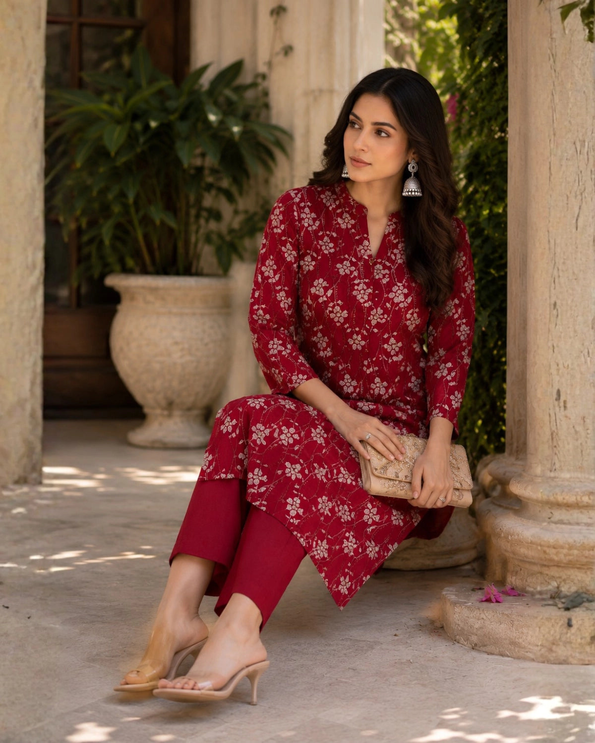 Cherry Red Floral Print Rayon Kurta Pant Set for Daily Wear
