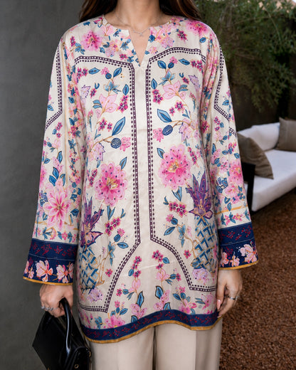 Ivory Floral Crepe Co-ord Set with Border Print for Vacation Wear