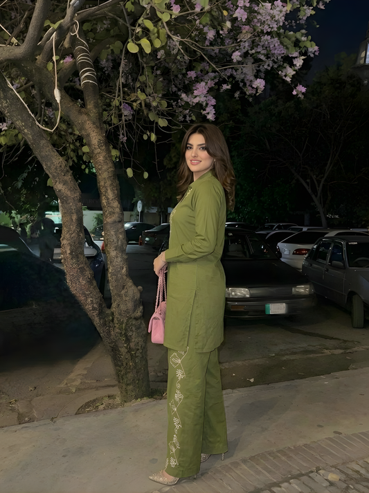 Olive Green Embroidered Co-Ord Set