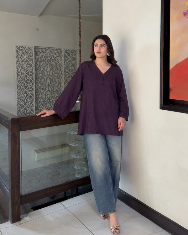 Wine Imported V-Neck Top with Button Placket for Vacation Wear