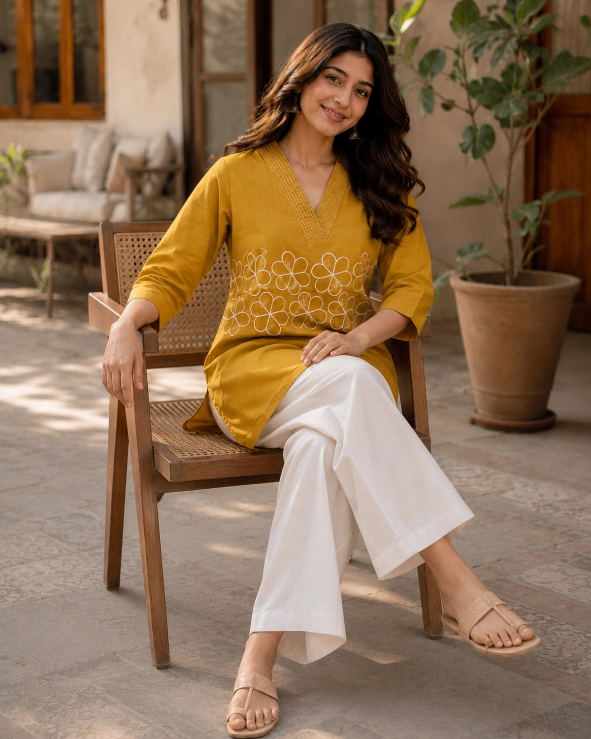 Embroidered V-Neck Three-Quarter Sleeve Cotton Kurti