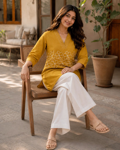 Embroidered V-Neck Three-Quarter Sleeve Cotton Kurti