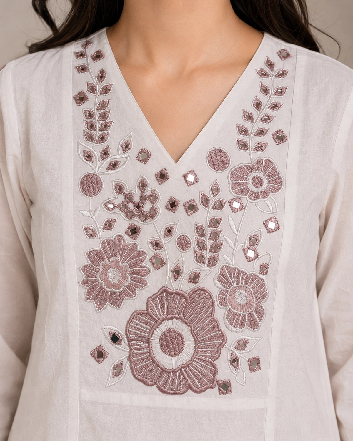 Floral Embroidered V-Neck Flared Cotton Co-ord Set