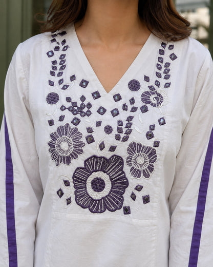 Floral Embroidered V-Neck Flared Cotton Co-ord Set
