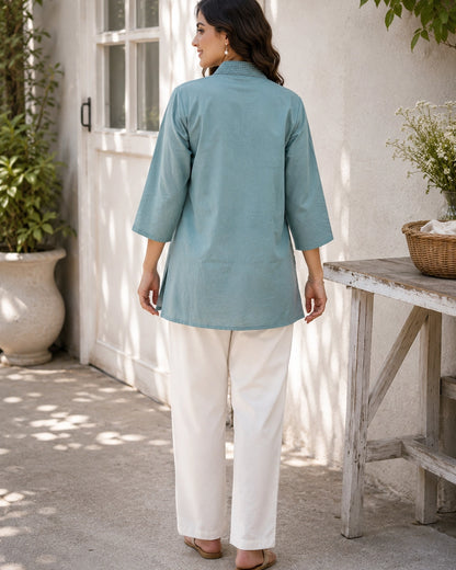 Embroidered V-Neck Three-Quarter Sleeve Cotton Kurti