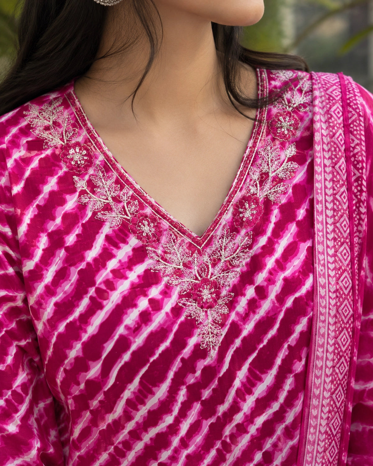 Leheriya Stripe Print Cotton Kurta Pant Dupatta Set