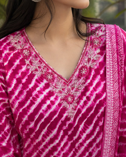 Leheriya Stripe Print Cotton Kurta Pant Dupatta Set