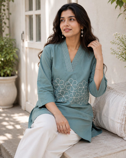 Embroidered V-Neck Three-Quarter Sleeve Cotton Kurti