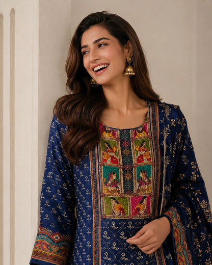Navy Blue Ethnic Miniature Print Crepe Kurta Pant Dupatta Set