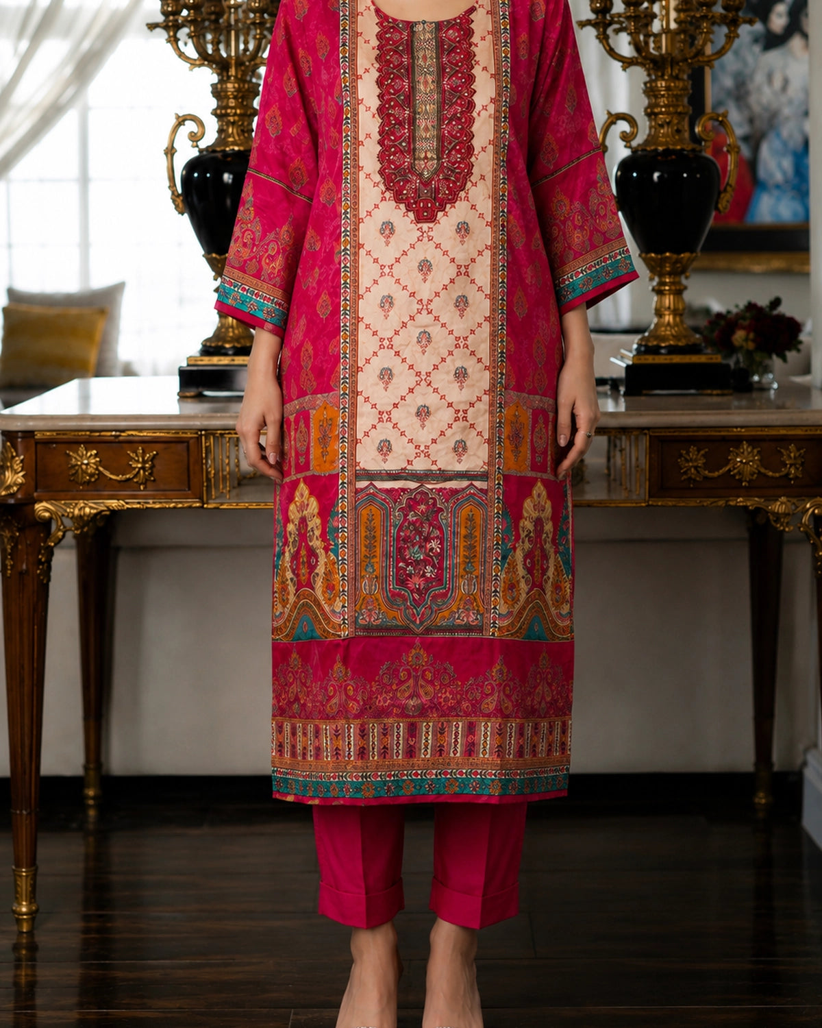 Pink & Ivory Colourblock Ethnic Crepe Kurta Pant Dupatta Set