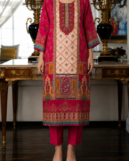 Pink & Ivory Colourblock Ethnic Crepe Kurta Pant Dupatta Set