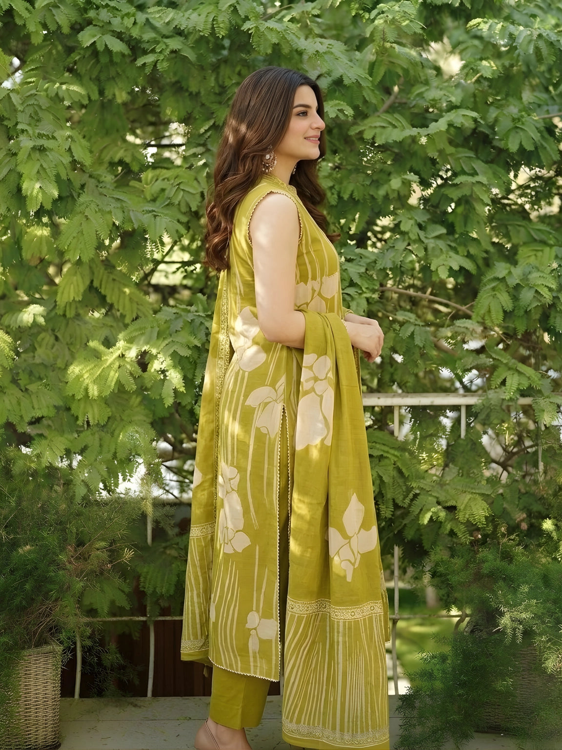 Lime Green Embroidered & Printed Sleeveless 3-Piece Set