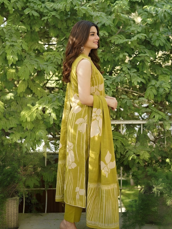 Lime Green Embroidered & Printed Sleeveless 3-Piece Set — image 2