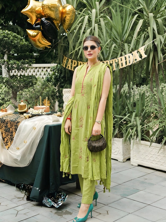 Pistachio Green Embroidered Kurta Pant Set with Dupatta