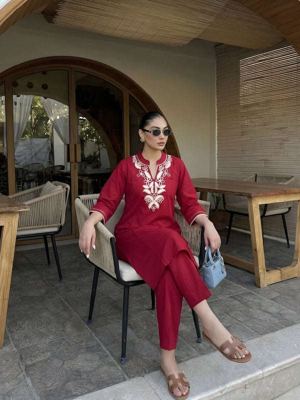 Radiant Red Embroidered Kurta Pant Set — image 2