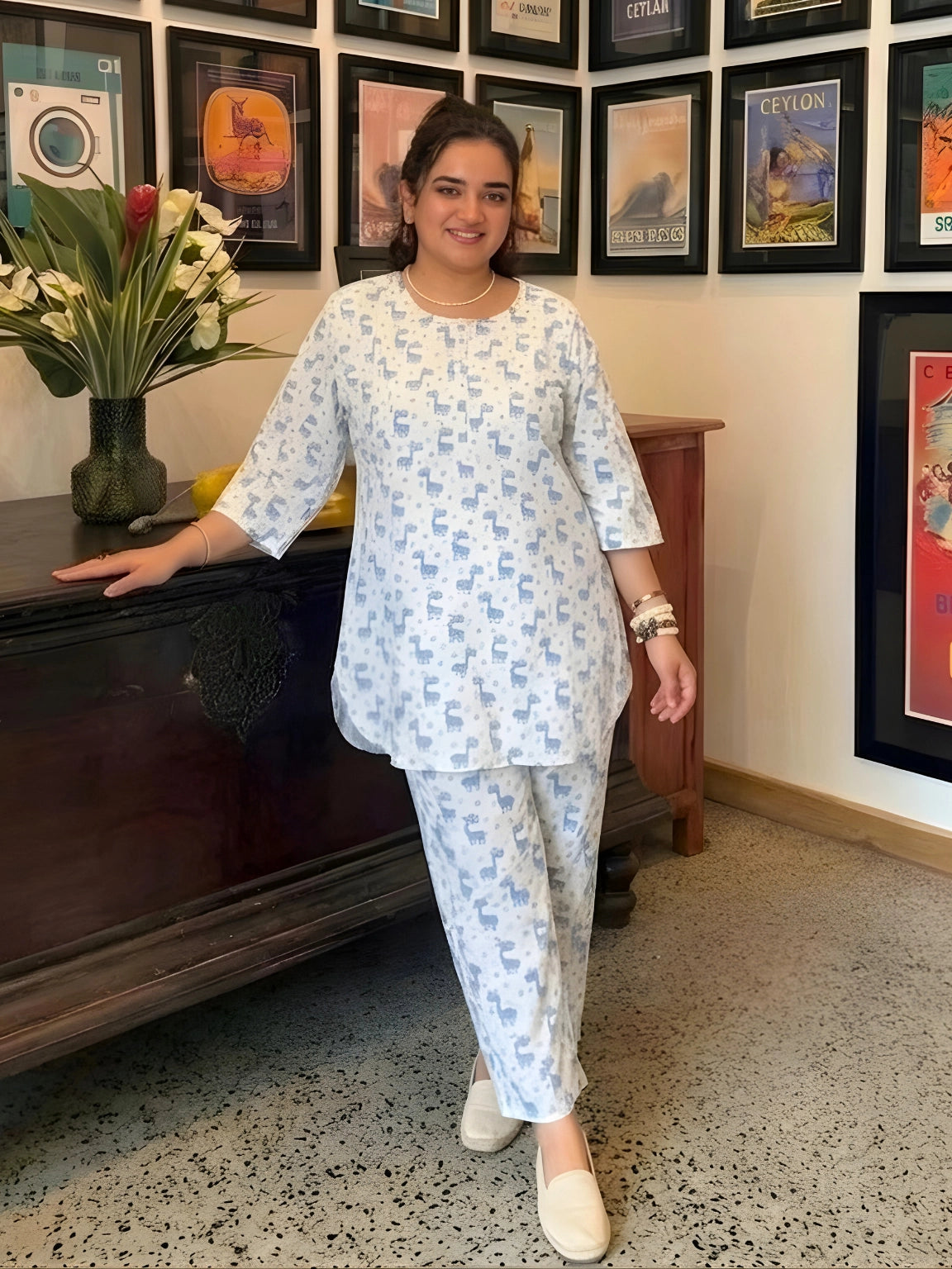 Light Blue and White Playful Print Kurta Pant Set