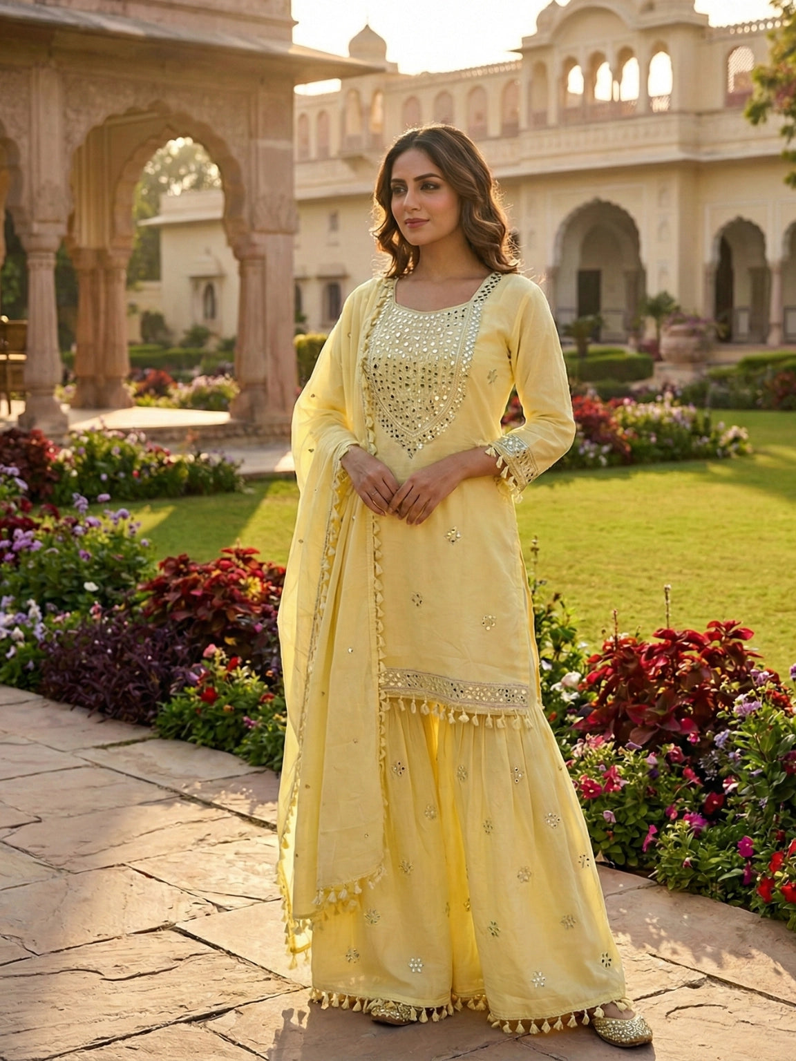 Sun-Kissed Yellow Mirror Work Sharara Set