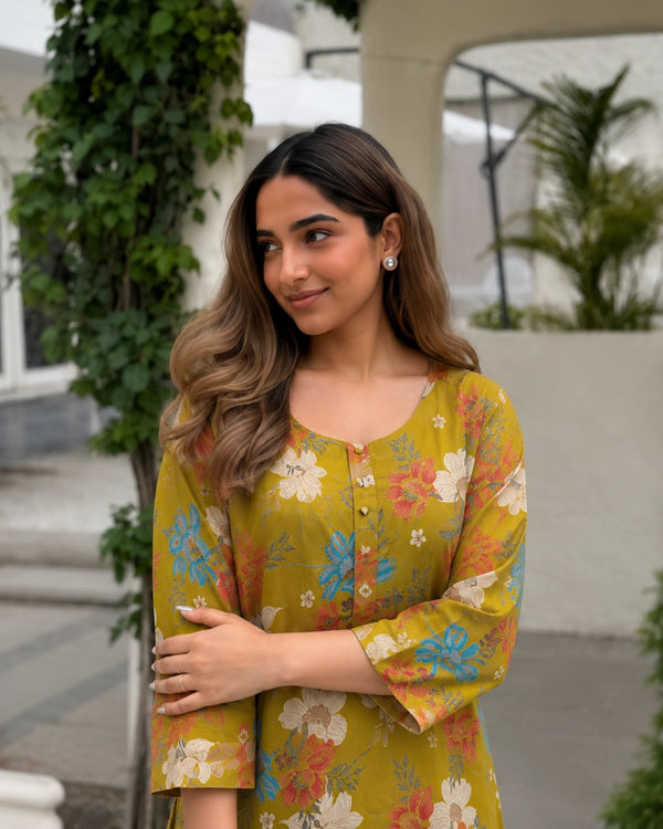 Floral Print Cotton Kurta Pant Set with Round Neck for Daily Wear — image 2