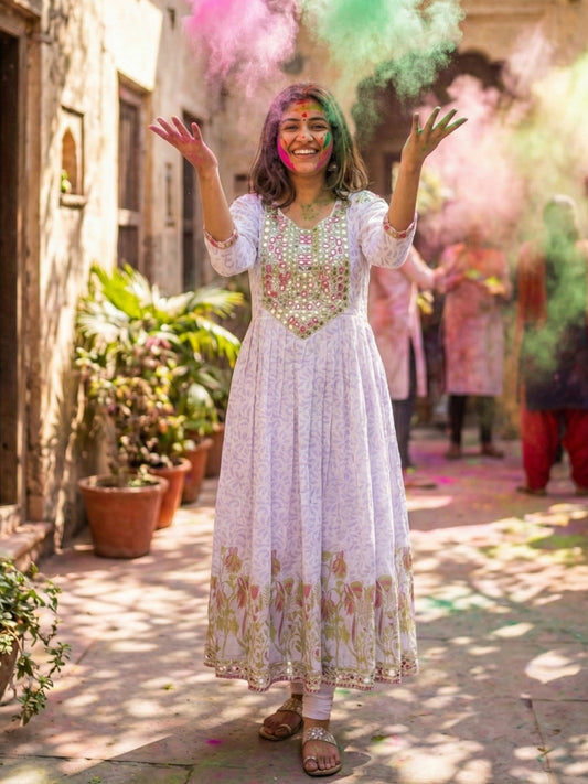 Embroidered White Mirror-Work Anarkali Kurta