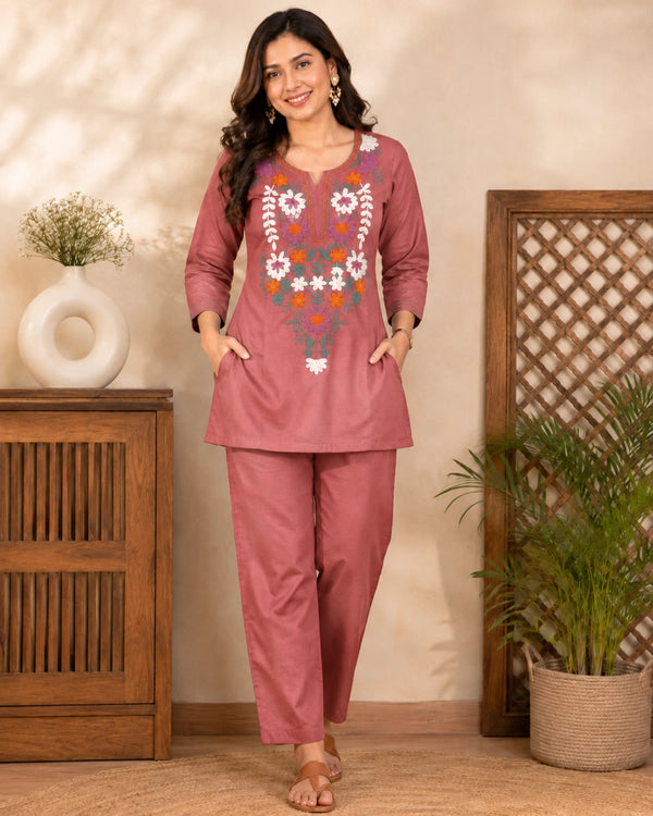 Dusty Rose Embroidered Cotton Co-Ord Set for Vacation Wear