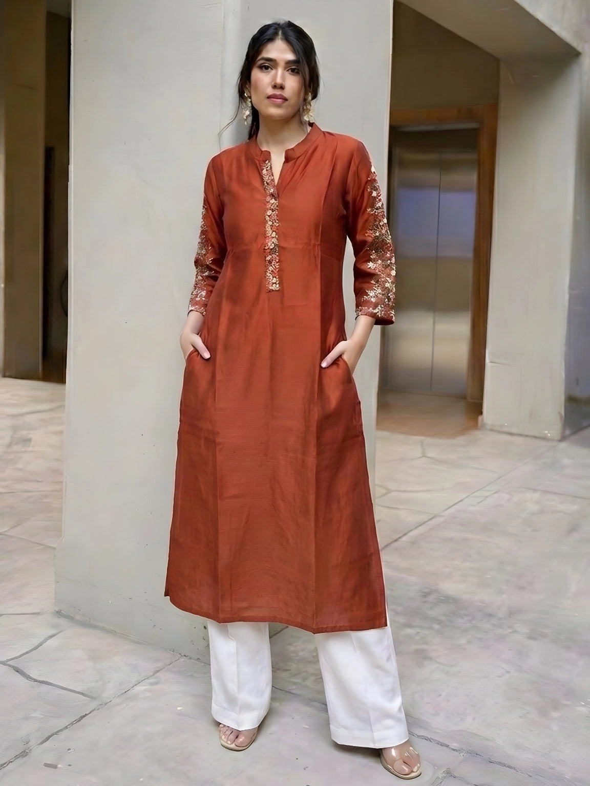 Rust Embroidered Straight Kurti