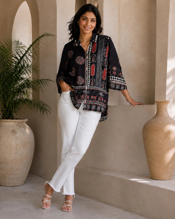 Black Ajrakh Print Viscose Top for Vacation Wear