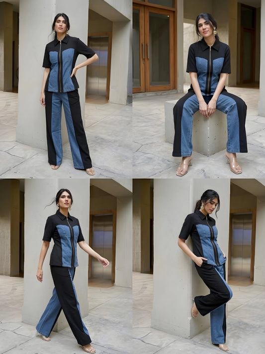 Black and Blue Paneled Zip-Front Co-ord Set