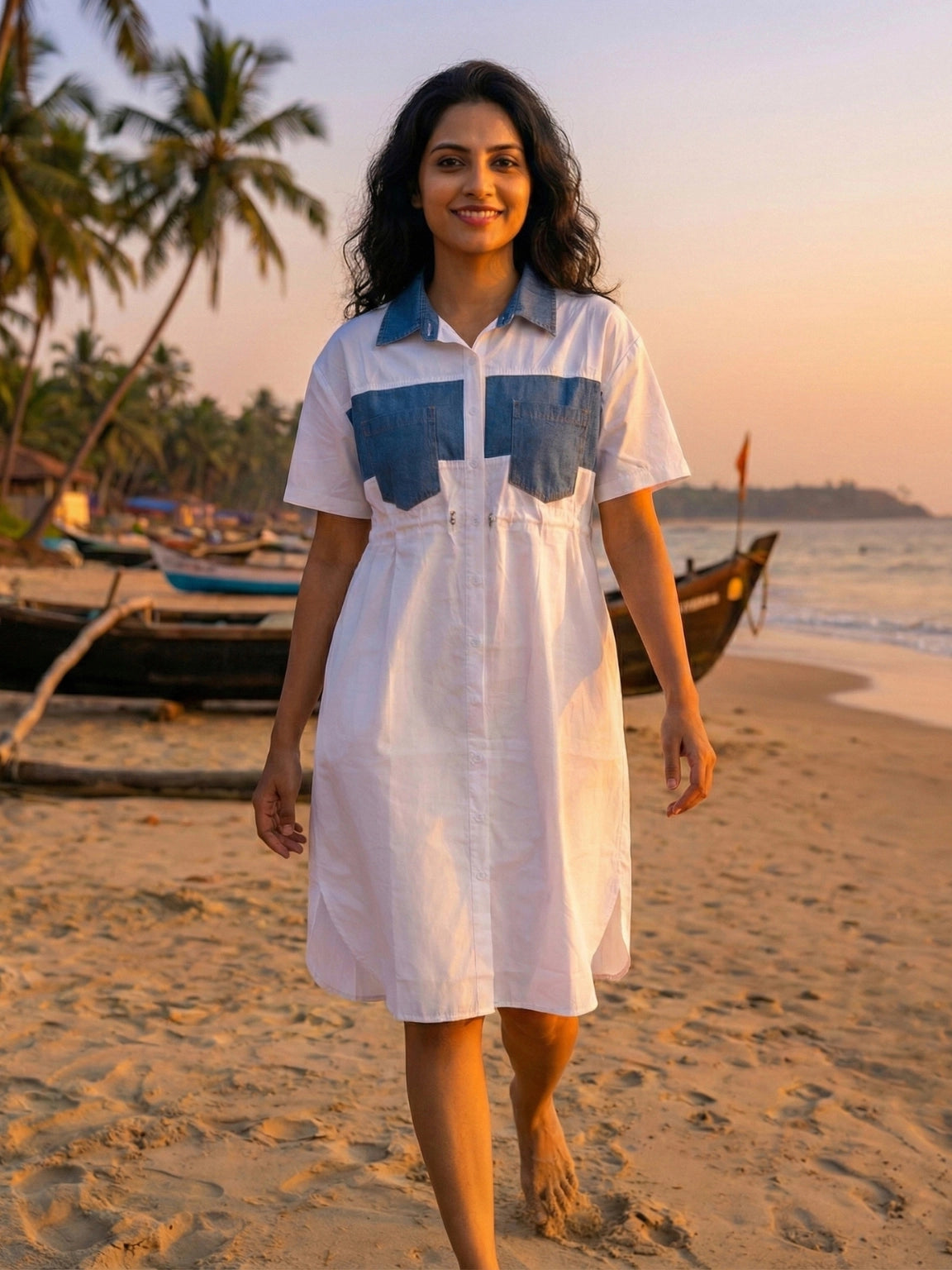 White & Denim Contrast Shirt Dress