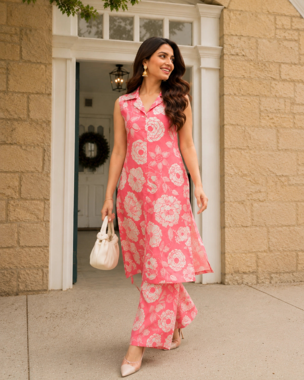 Floral Print Rayon Co-Ord Set with Collar Neck for Vacation Wear